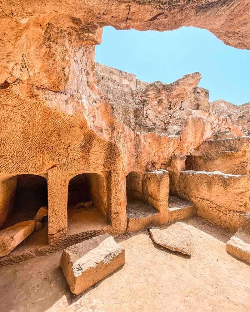 An underground tomb, carved into rocks at the Tombs of the Kings in Paphos