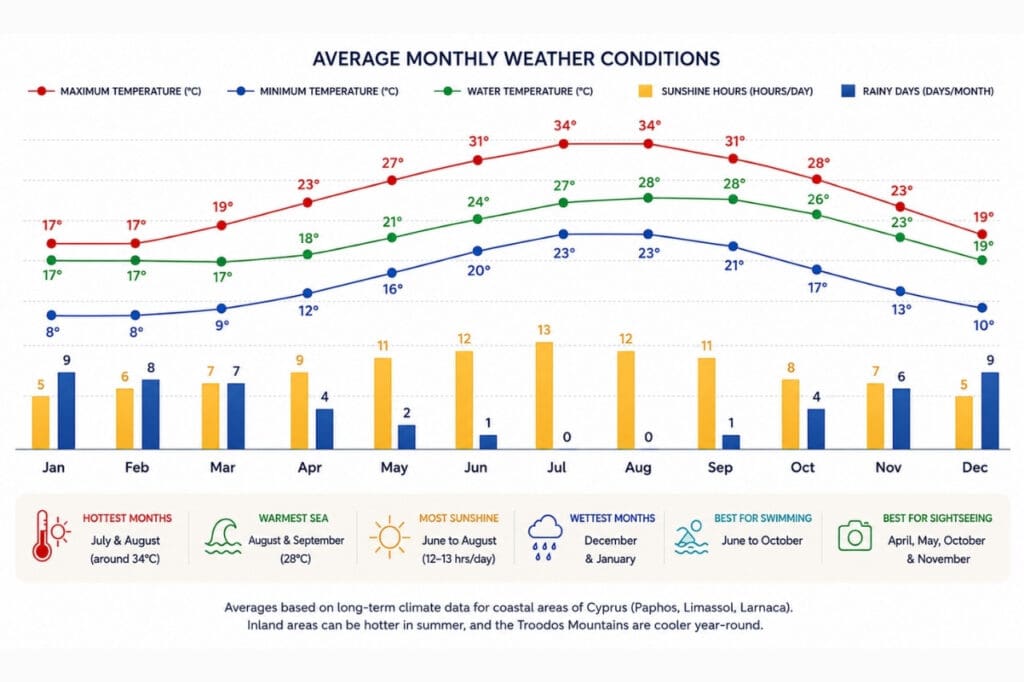 Cyprus climate chart with monthly weather conditions including maximum temperatures, minimum temperatures, sea water temperatures, sunshine hours per day, and rainy days per month.