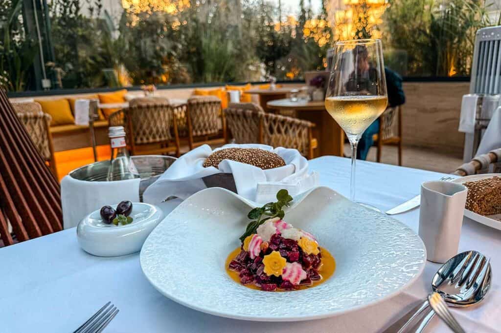 Dinner and wine at a restaurant in Nicosia